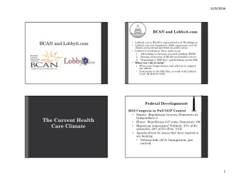 The Current Health  House:  Republicans 247 seats, Democrats 188    Care Climate  Bipartisan