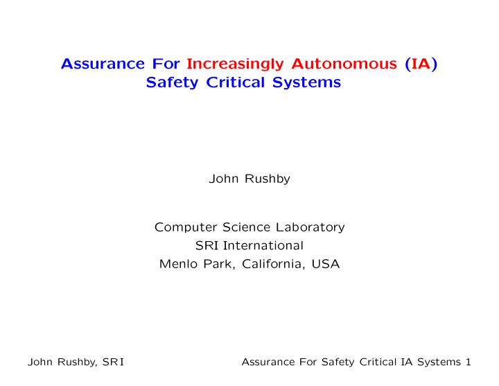 assurance for increasingly autonomous ia safety critical