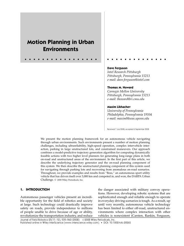 motion planning in urban environments