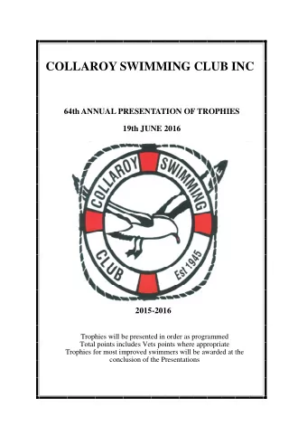 COLLAROY SWIMMING CLUB INC  64th ANNUAL PRESENTATION OF TROPHIES  19th JUNE 2016  2015-2016