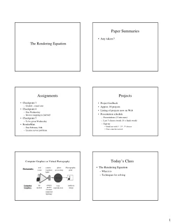 Paper Summaries   Any takers?  The Rendering Equation  Assignments  Projects   Checkpoint 3