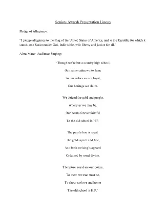 Seniors Awards Presentation Lineup  Pledge of Allegiance:  I pledge allegiance to the Flag of