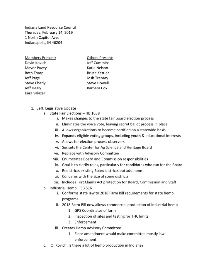indiana land resource council thursday february 14 2019 1