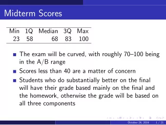 Midterm Scores  Min  1Q  Median  3Q  Max  23  58  68  83  100  The exam will be curved, with