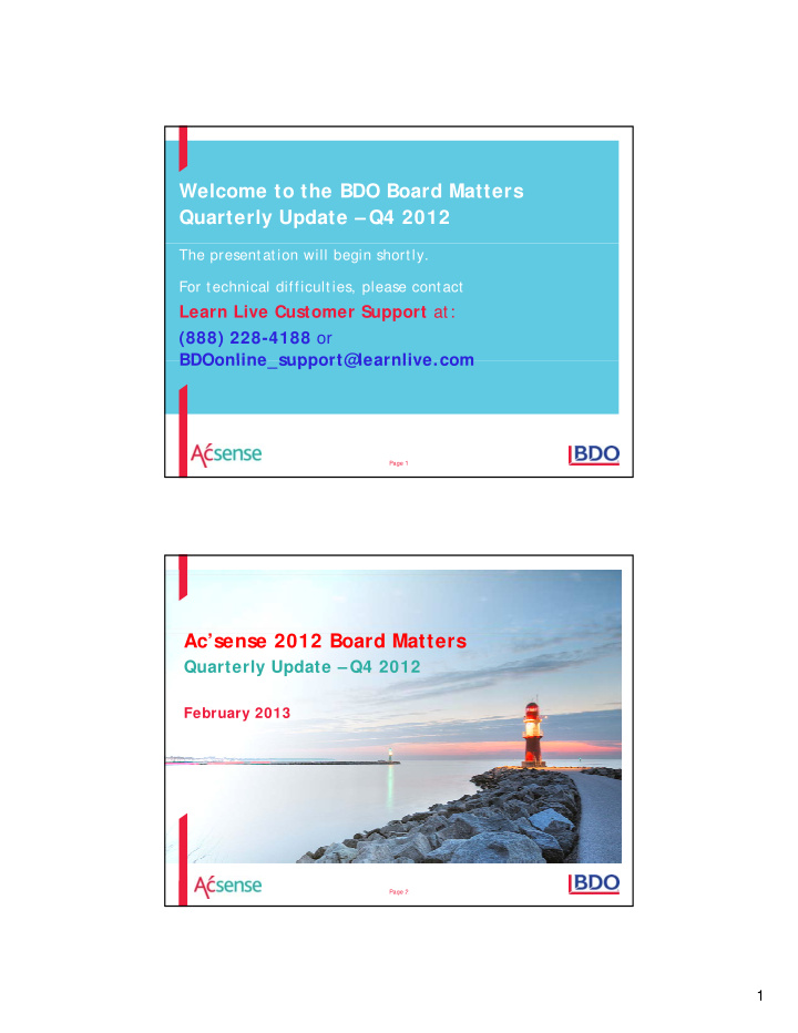 welcome to the bdo board matters quarterly update q4 2012