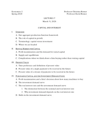 Economics 2  Professor Christina Romer  Spring 2020  Professor David Romer  LECTURE 17  March 31,
