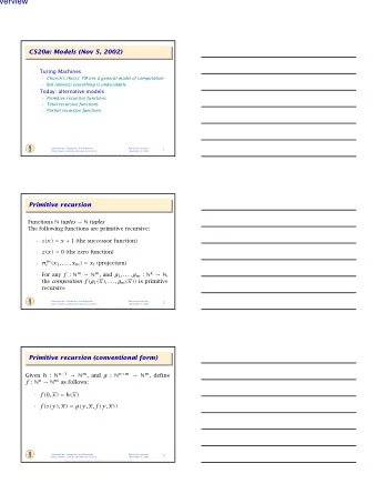 Overview  CS20a: Models (Nov 5, 2002)   Turing Machines  Churchs thesis: TM are a general