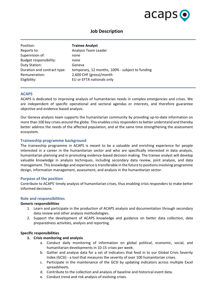 job description position trainee analyst reports to