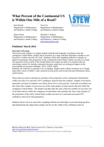 What Percent of the Continental US  is Within One Mile of a Road?  Sara Stoudt  Yue Cao  Department