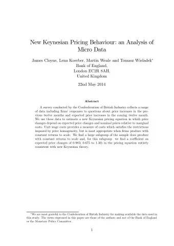 New Keynesian Pricing Behaviour: an Analysis of  Micro Data James Cloyne, Lena Koerber, Martin