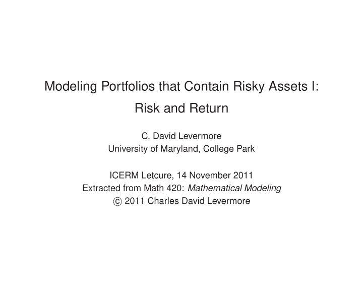 modeling portfolios that contain risky assets i risk and