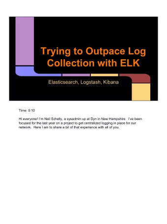 Trying to Outpace Log  Collection with ELK  Elasticsearch, Logstash, Kibana  Time: 0:10  Hi