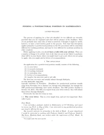 FINDING A POSTDOCTORAL POSITION IN MATHEMATICS.  LAUREN WILLIAMS  The process of applying for a