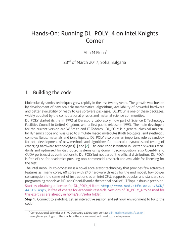 hands on running dl poly 4 on intel knights corner