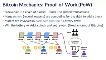 Bitcoin Mechanics: Proof-of-Work (PoW)  Blockchain = a chain of blocks;   Block = validated