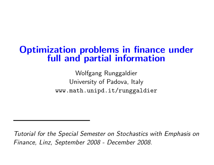 optimization problems in finance under full and partial