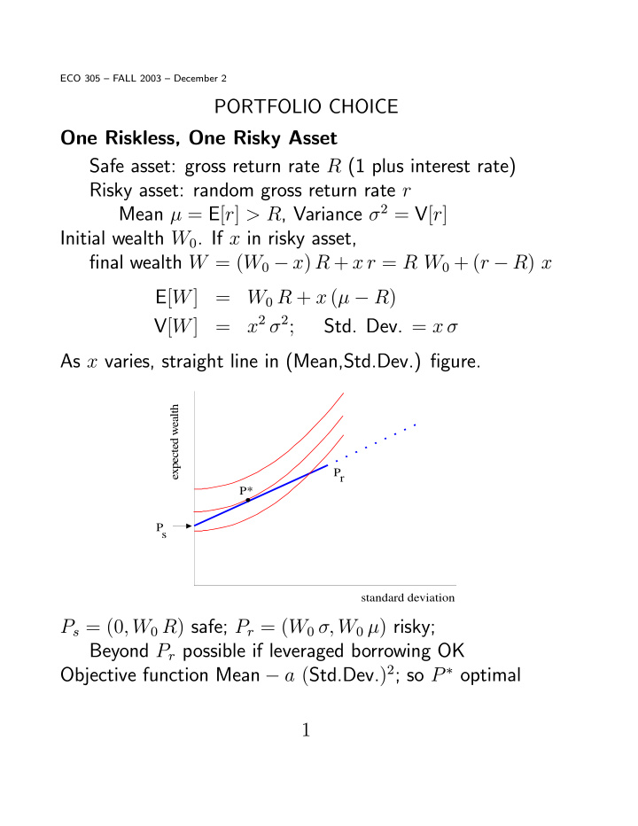 portfolio choice one riskless one risky asset safe asset