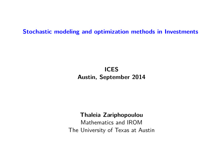 stochastic modeling and optimization methods in
