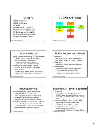 Device I/O  I/O architectures: busses   10A I/O Architectures   10B I/O Mechanisms  CPU