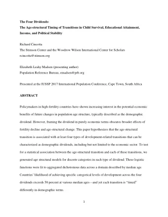 The Four Dividends:  The Age-structural Timing of Transitions in Child Survival, Educational