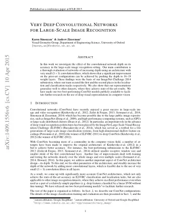 arXiv:1409.1556v6  [cs.CV]  10 Apr 2015 A BSTRACT  In this work we investigate the effect of the