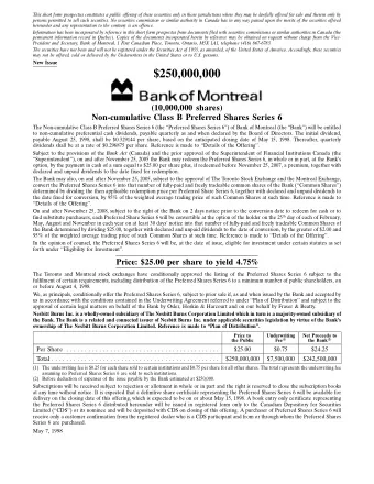 $250,000,000  (10,000,000 shares)  Non-cumulative Class B Preferred Shares Series 6  The
