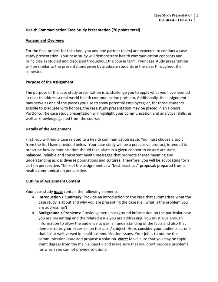 health communication case study presentation 70 points