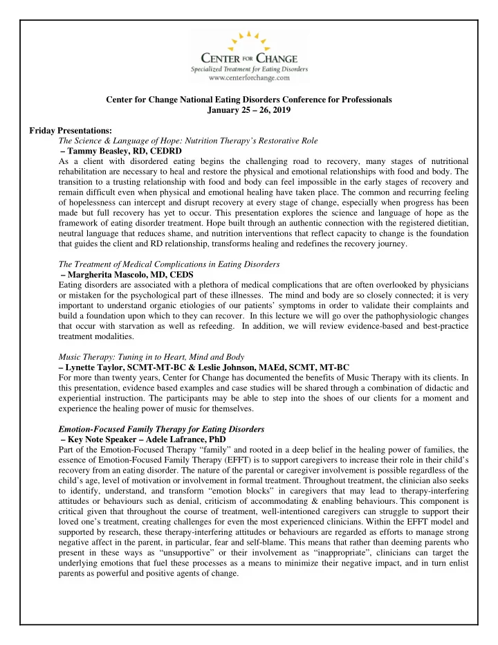 center for change national eating disorders conference