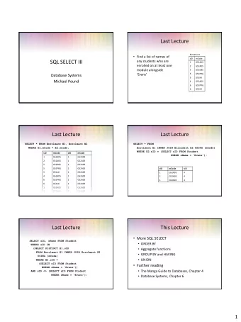 Last Lecture  Enrolment  Find a list of names of  sID  mCode  SQL SELECT III  any students who