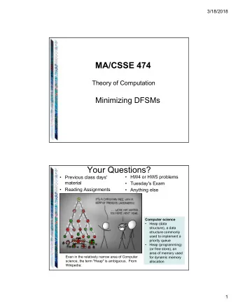 MA/CSSE 474  Theory of Computation  Minimizing DFSMs  Your Questions?   Previous class days'