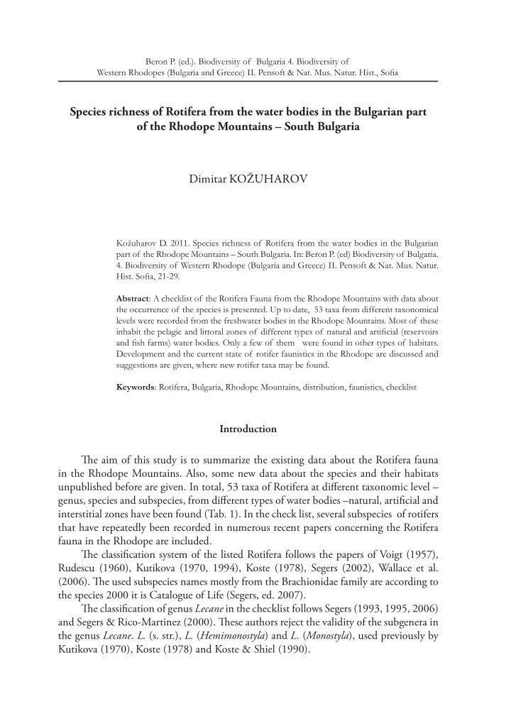 species richness of rotifera from the water bodies in the