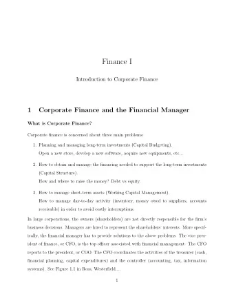 Finance I  Introduction to Corporate Finance  1  Corporate Finance and the Financial Manager  What