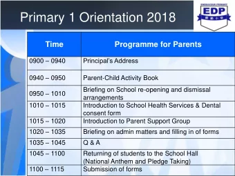 Primary 1 Orientation 2018  Time  Programme for Parents 0900  0940  Principals Address 0940