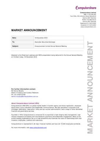 MARKET ANNOUNCEMENT  To:  Australian Securities Exchange  Subject:  Computershare Limited Annual