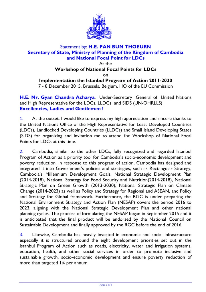 statement by h e pan bun thoeurn secretary of state