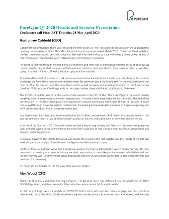 PureGym Q1 2020 Results and Investor Presentation  Conference call 10am BST Thursday 28 May April