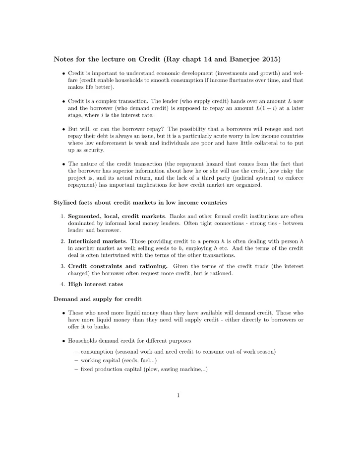 notes for the lecture on credit ray chapt 14 and banerjee