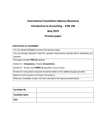 International Foundation Diploma (Business)  Introduction to Accounting -  IFDB 108  May 2019