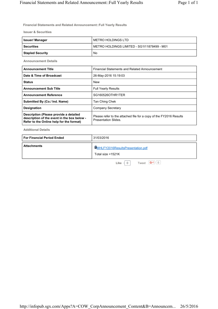 financial statements and related announcement full yearly