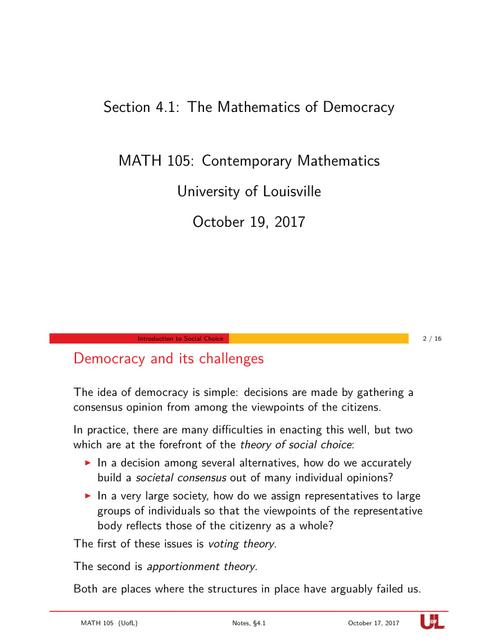 section 4 1 the mathematics of democracy math 105