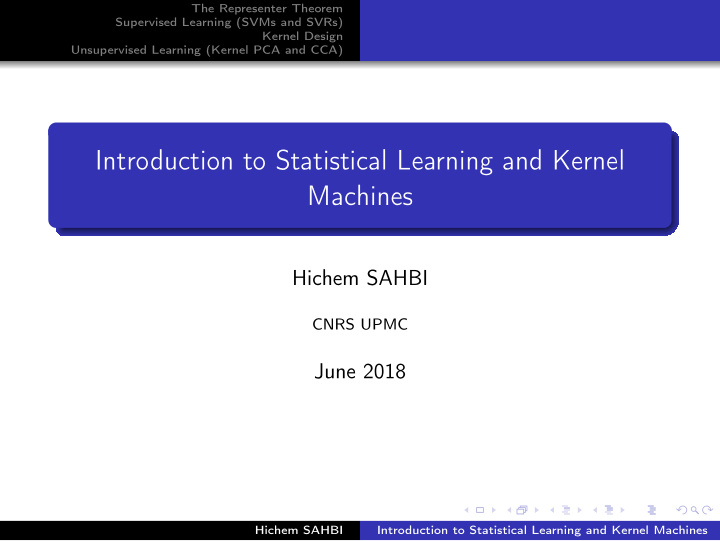 introduction to statistical learning and kernel machines