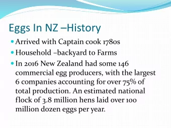 Eggs In NZ History  Arrived with Captain cook 1780s  Household backyard to Farms  In