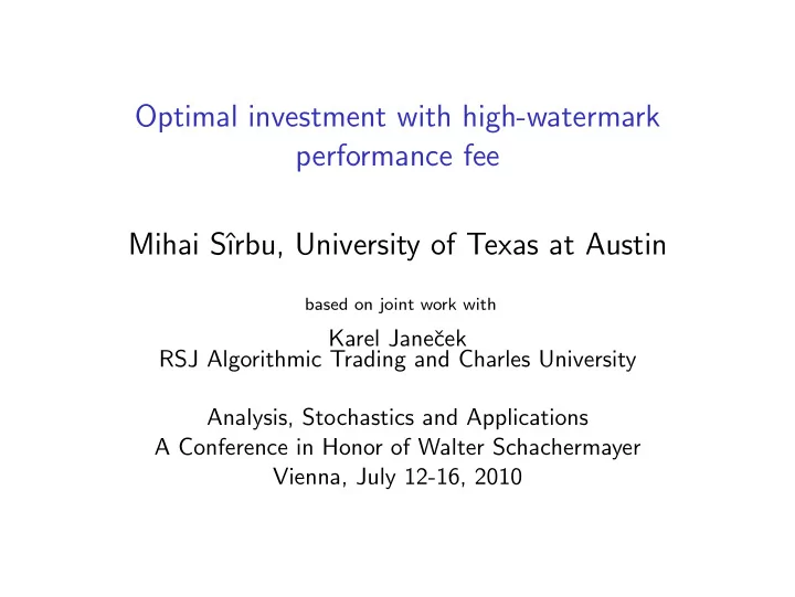 optimal investment with high watermark performance fee