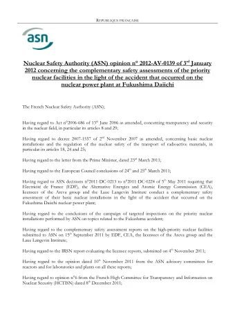 Nuclear Safety Authority (ASN) opinion n 2012-AV-0139 of 3 rd January  2012 concerning the