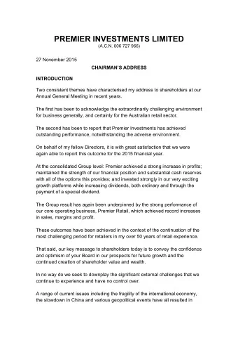 PREMIER INVESTMENTS LIMITED  (A.C.N. 006 727 966)  27 November 2015  CHAIRMANS ADDRESS