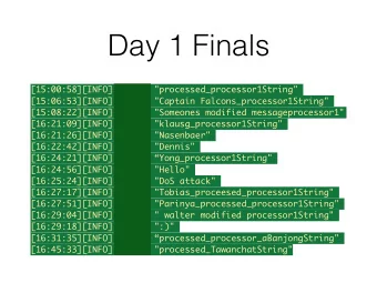 Day 1 Finals  [15:00:58][INFO]    323 &quot;processed_processor1String&quot;  [15:06:53][INFO]