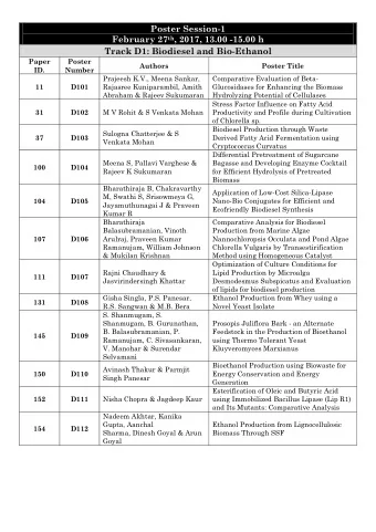 Poster Session-1 February 27 th , 2017, 13.00 -15.00 h Track D1: Biodiesel and Bio-Ethanol  Paper