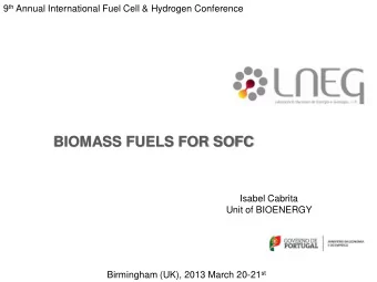 BIOMASS FUELS FOR SOFC  Isabel Cabrita  Unit of BIOENERGY Birmingham (UK), 2013 March 20-21 st 9 th