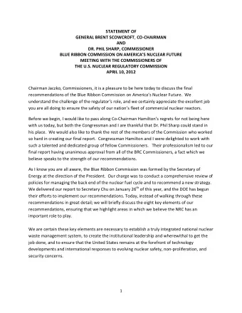 STATEMENT OF GENERAL BRENT SCOWCROFT , CO-CHAIRMAN  AND  DR. PHIL SHARP, COMMISSIONER  BLUE RIBBON