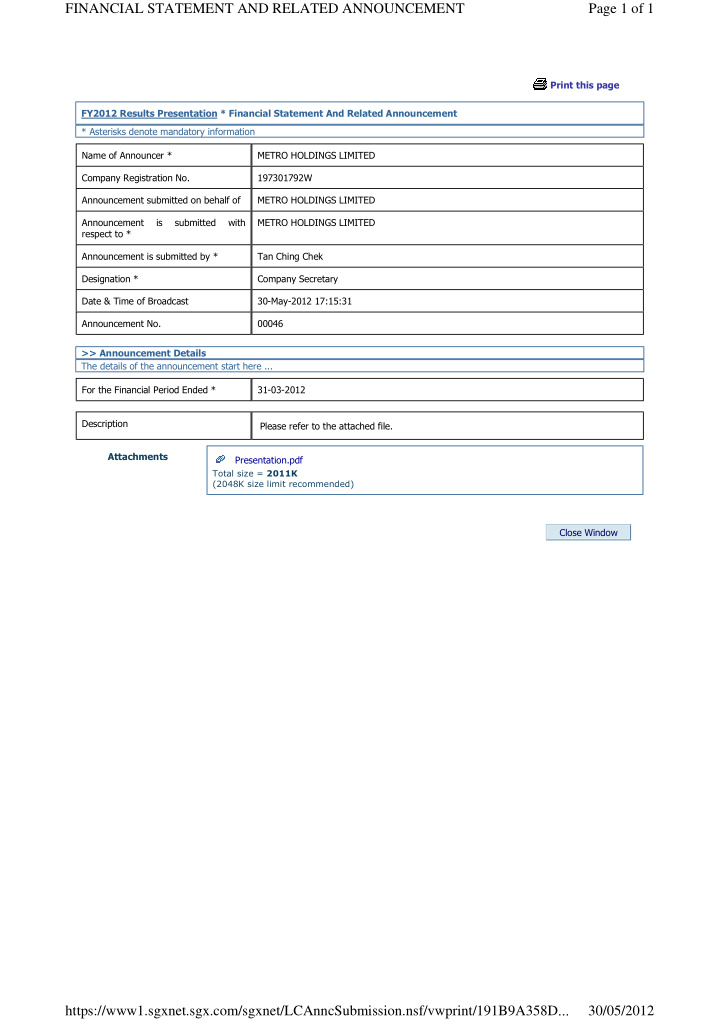 financial statement and related announcement page 1 of 1